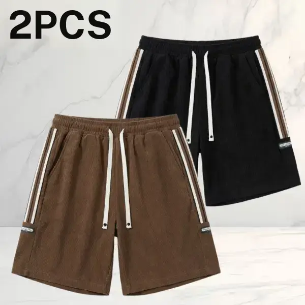 Men's 2-Pack Casual Athletic Shorts - Vintage Corduroy Texture, Loose Straight Fit, Mid-Thigh Above Knee Length, Side Contrast Stripe Tape Design, Versatile for Running, Home Wear, Men's Shorts