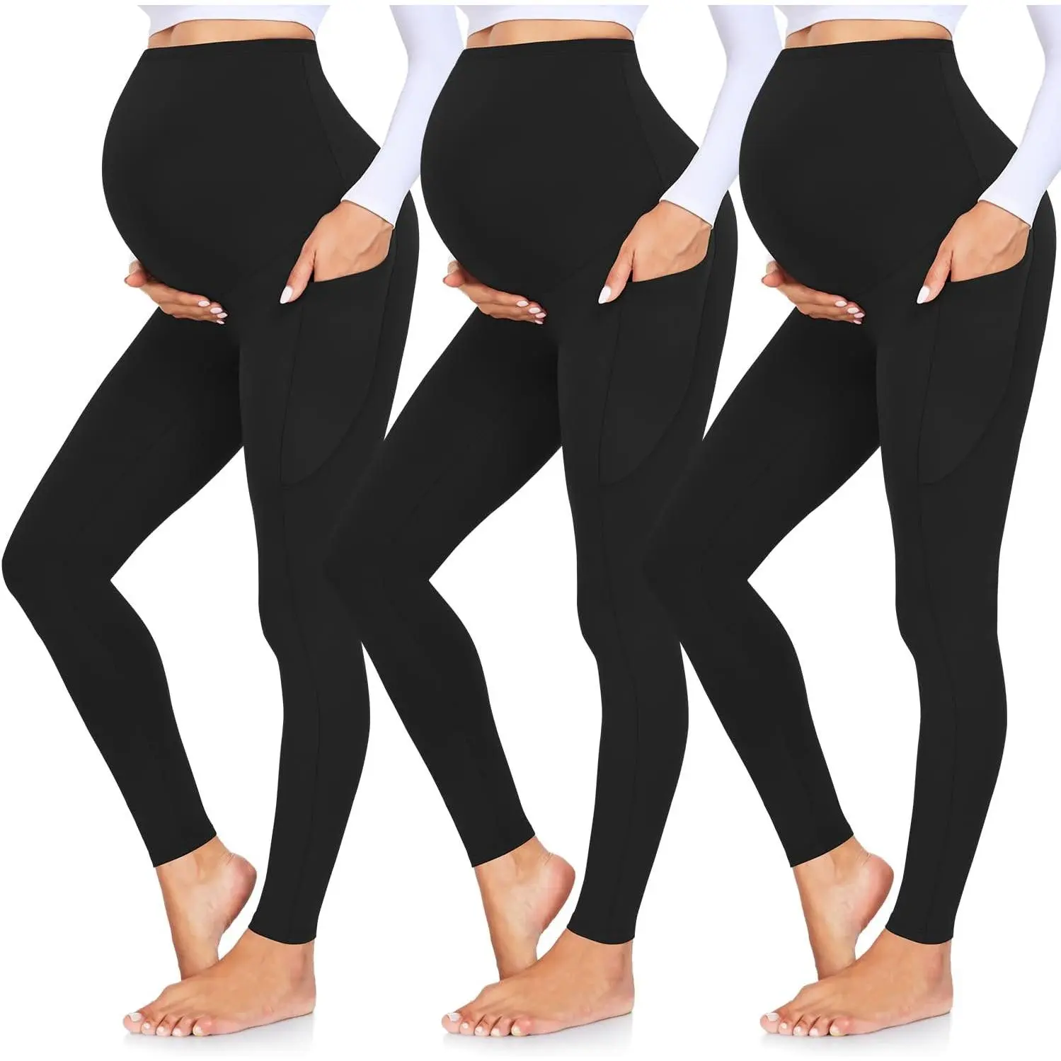 3 Pack Women's Maternity Leggings Over The Belly with Pockets Super Soft Workout Pregnancy Yoga Pants