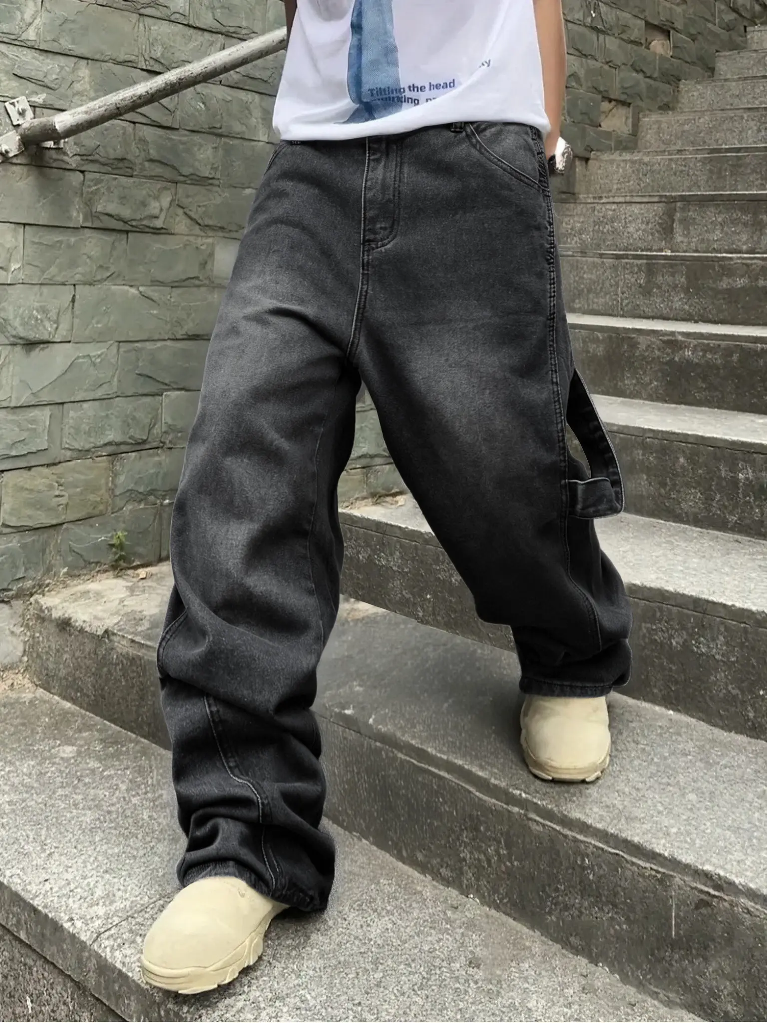 Men's Black Baggy Streetwear Jeans - Menswear Casual Bottoms Pants, Trouser, Baggy Jeans