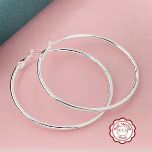 925 Silver Hoop Earrings for Women Hypoallergenic Thin  Silver Hoops Earrings for Women Lightweight Flat Large Hoop Earring 50mm，Hypoallergenic Ear Needles, Suitable For Daily And Vacation Wear, Suitable As Valentine's Day Gift