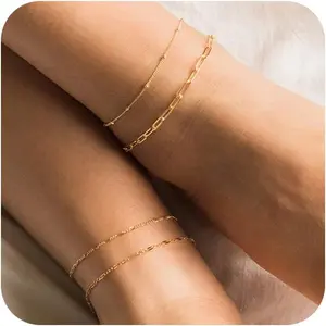 TEWIKY Dainty Layered Waterproof 4PCS Anklet For Women Adjustable Womens Anklet Set Stackable Figaro Beaded Cuban Link Anklets Daily Clothing Decor For Beach Summer Trendy All-match & Exquisite Jewelry