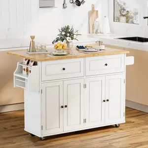 52" Kitchen Island Cart with Drop Leaf, 2 Drawers & Cabinets, Rolling Kitchen Cart with Towel Rack, White