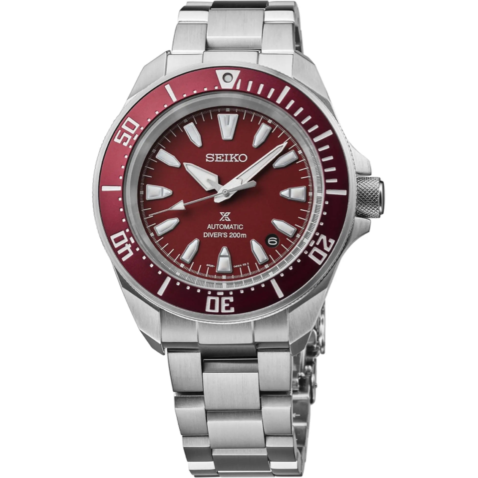 Seiko SNE4000-6000 Automatic Diver's 200m Watch with Red Dial and Stainless Steel Bracelet