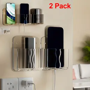 2pcs Wall-Mounted Mobile Phone Charging Box Holder, Self-Adhesive Remote Control Base, No-Drill Multi-Purpose Charging Phone Stand, Shower Wall Mount Bracket, ABS Material, Shower Wall Mount,Multi-Purpose Holder,Transparent Design, Phone Holder Wall Mount