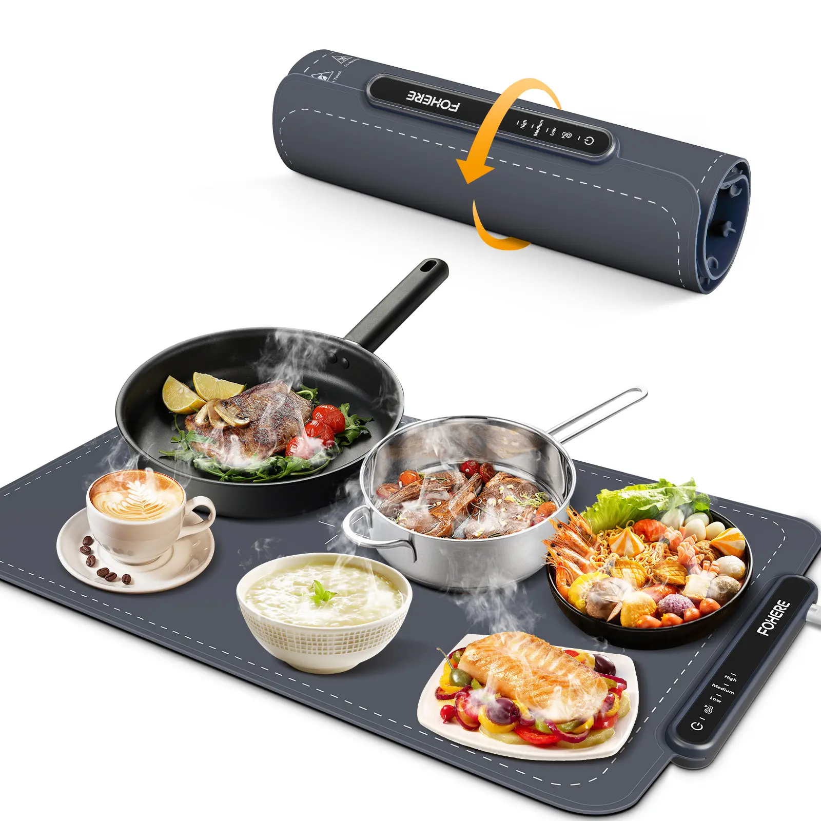 Fohere Silicone-Metal Foldable Kitchen Warming Mat - Adjustable, Secure Kitchenware & Dinnerware Warmer with Full-Surface Electric Heating, 3 Modes Temp Control, Defroster, Rollable, Egg Beater Compatible for Home & Special Occasions, Tableware