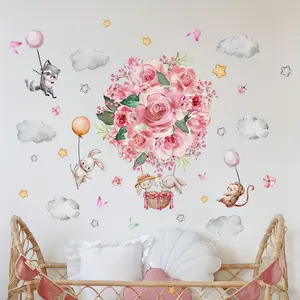 A new Valentine's Day rabbit and monkey balloon wall sticker with a romantic rose and hot air balloon background, a warm self-adhesive wall sticker MS2462-KL