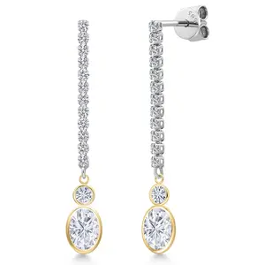 14K Two Tone Gold White Moissanite and Lab Grown Diamond Dangle Earrings for Women | 2.48 Cttw | Gemstone Birthstone | Oval 7X5MM