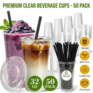 50-Pack 32oz Clear Plastic Iced Coffee Cups with Lids and Straws, Disposable To Go Cups for Smoothies, Milkshake, Cold Beverages, Coffee Bar Accessories