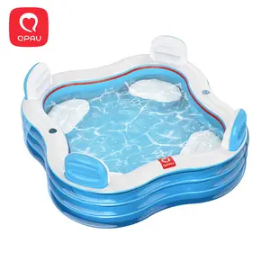 QPAU Inflatable Swimming Pool, Full-Sized Blow Up Pools with Seats and Backrests, Kiddie Pool for Outdoor & Backyard, for Family Summer Time Fun, Jelly Blue