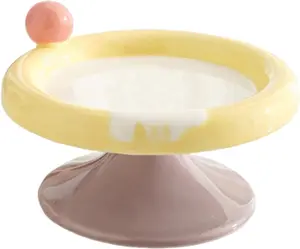 Ceramic Cat Dish with Ice Cream Theme for Food and Water, Elevated Design, Small Yellow Violet