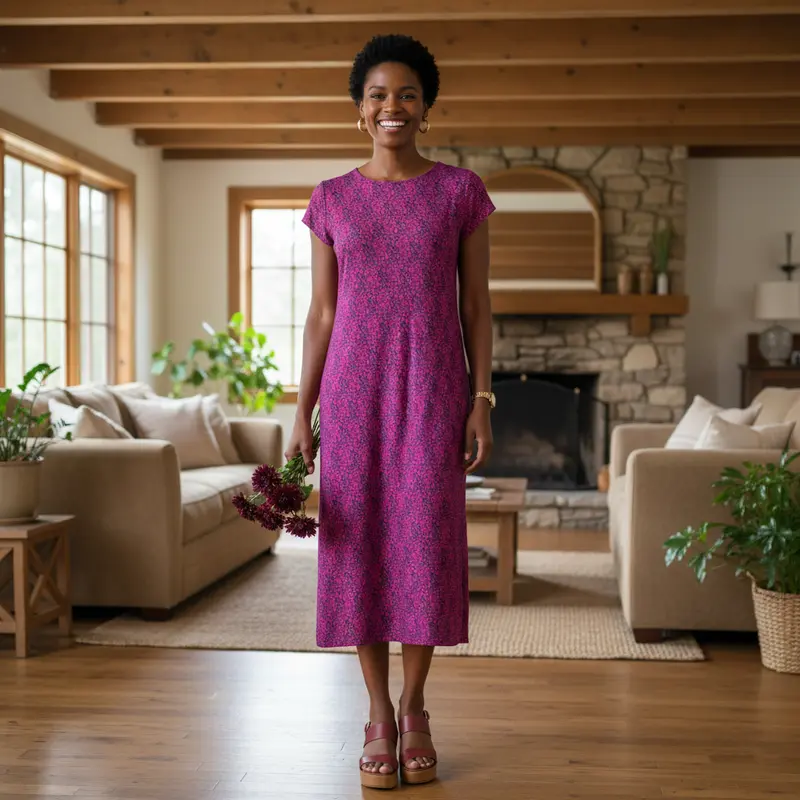 Mackinac Island Midi Length Tee Shirt Dress in Ditsy Tossed Leaves Navy and Cranberry