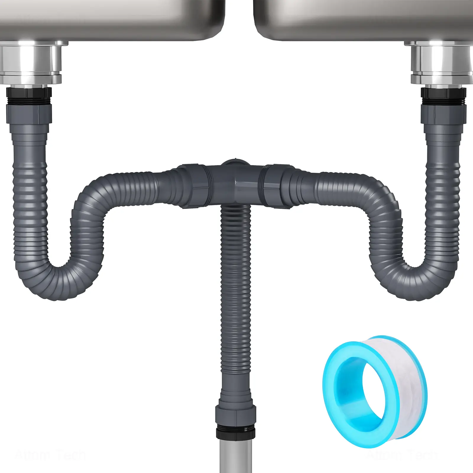 NiHome Expandable Flexible 1 1/2" or 1 1/4" P-Trap Pipe for Double Kitchen Sink, with Adapter Sealing Ring Tape Drain Tubing Pipe Kit, Kitchen Sink Accessories, Plastic Pipe Drainage Systems