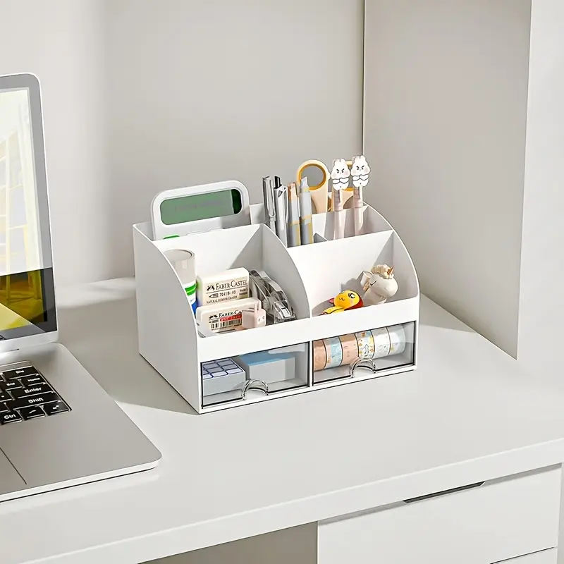 Multifunctional desk organizer with 6 compartments & 2 drawers. Plastic storage box for cosmetics, stationery & office supplies. Ideal for school, home & office to keep your desktop tidy and organized. Desk Accessories