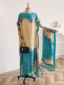 Women's Pheasant Print Long Sleeve Open Front Cape Dress & Scarf Set, Boho Casual Shawl Dress & Scarf for Beach Vacation Holiday, Ladies Clothes for Daily Wear, Summer Coverup, Beach Cover Ups, Swimsuit Cover Up