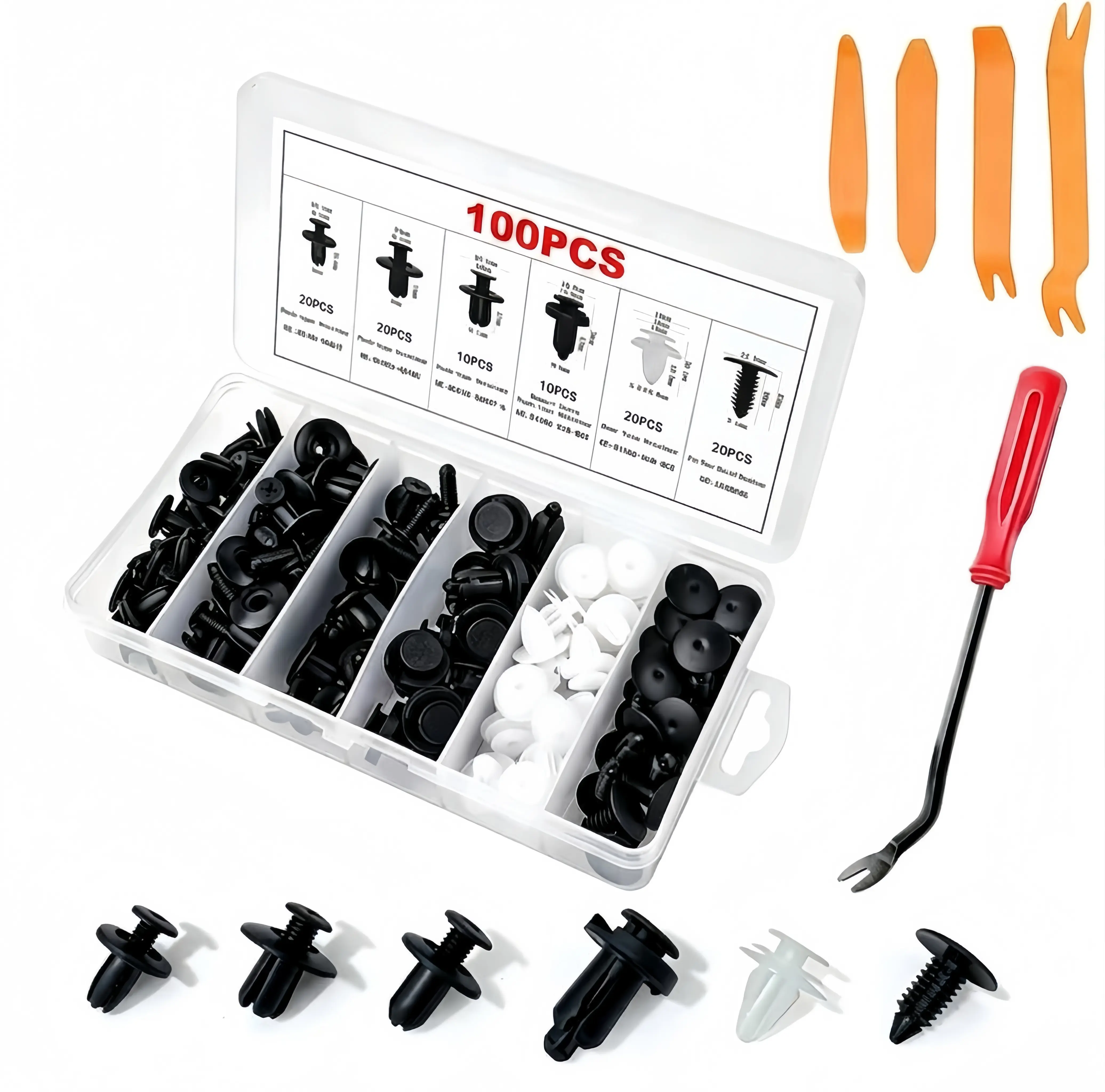100-PC 6-Size Car Clip Kit - Durable Plastic Clips, Quick-Install Screws, Industrial Nuts for Interior/Exterior Trunk, Bumpers | Vehicle Accessories, Truck Accessories for DIY Automotive, Motorcycle Projects