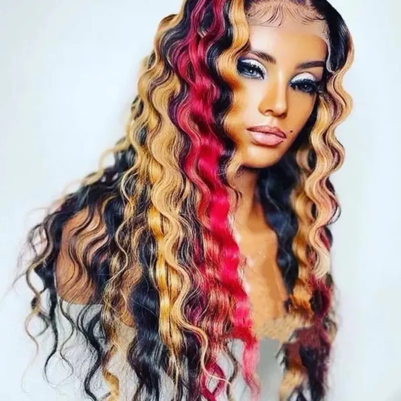 Human Hair Wig 20" Deep Wave in Mixed Brown, Red & Black with Lace Front Design