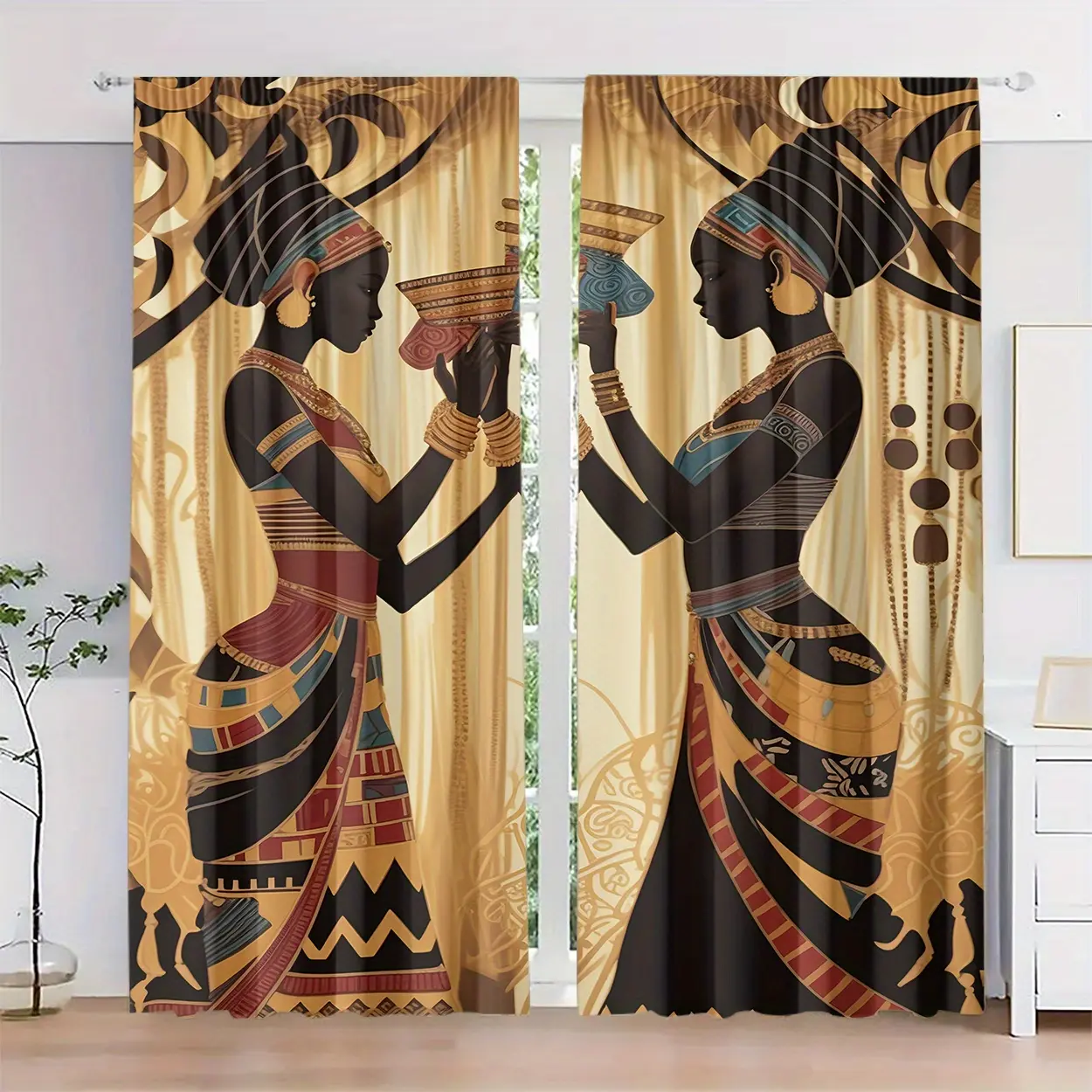 2 pieces, African women's decorative theme printed curtains, two women wearing exquisite traditional costumes, showing unique African decorative patterns, rod pocket design, suitable for living room study bedroom home decoration, modern home decoration.