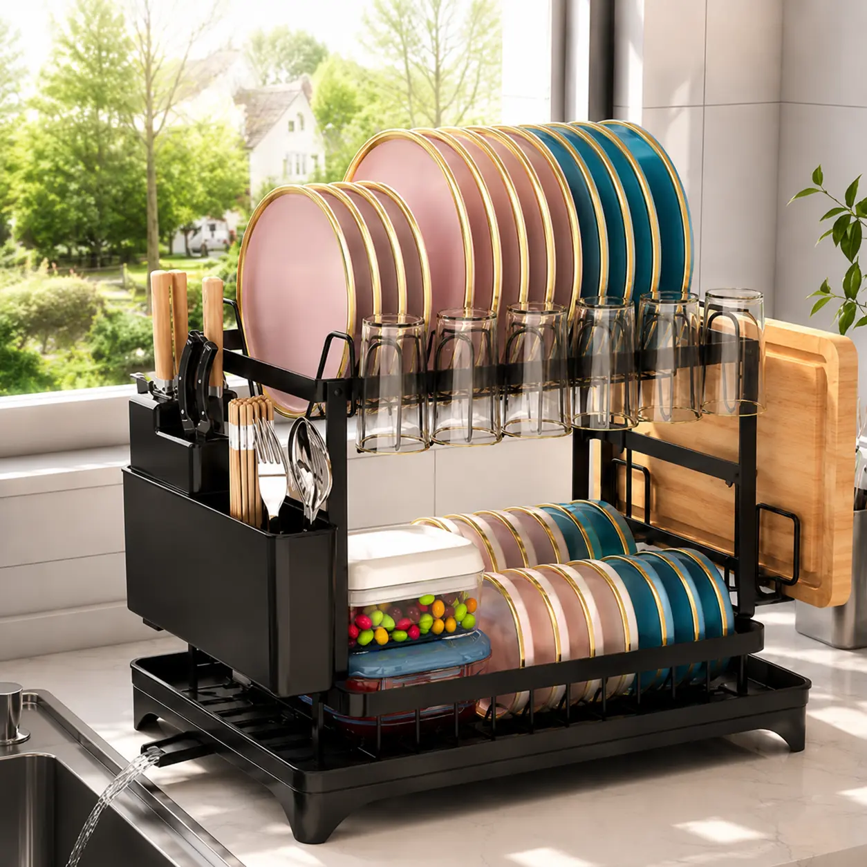 Bepatio 2-Tier Carbon Steel Dish Drying Rack with Drain Tray  Stable Anti-Slip Kitchen Counter Organizer for Plates Bowls
