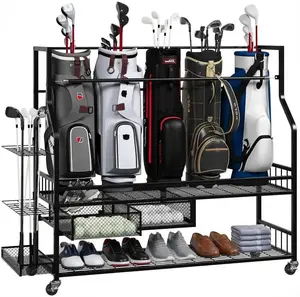 Golf Bag Storage Rack with Wheels, Golf Bag Storage Garage Organizer with Drawer for Garage, Clubs,Balls & Accessories, Portable Golf Equipment Cart