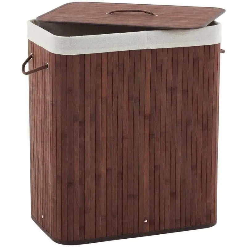 Bamboo Laundry Basket with Lid, Corner Laundry Hamper with Removable Liner, Foldable Laundry Hamper with Handle,Triangle Washing Clothes Basket Storage Bin for Room, Bedroom, Bathroom