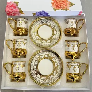Luxury Gold Trim Embossed Ceramic Coffee Cup and Saucer Set, Drinkware, 6pcs, 90ML, Ideal for Cappuccino, Latte, Mocha, Office, Kitchen, Gift