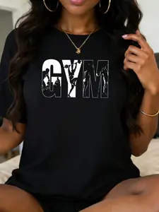 Women's Crew Neck Short Sleeve T Shirt with GYM Fitness Silhouette Graphic Print Casual Relaxed Loose Fit Soft Breathable Cotton Blend Skin Friendly Machine Washable No Shrink Fade Resistant Versatile for Gym Commute Daily Wear