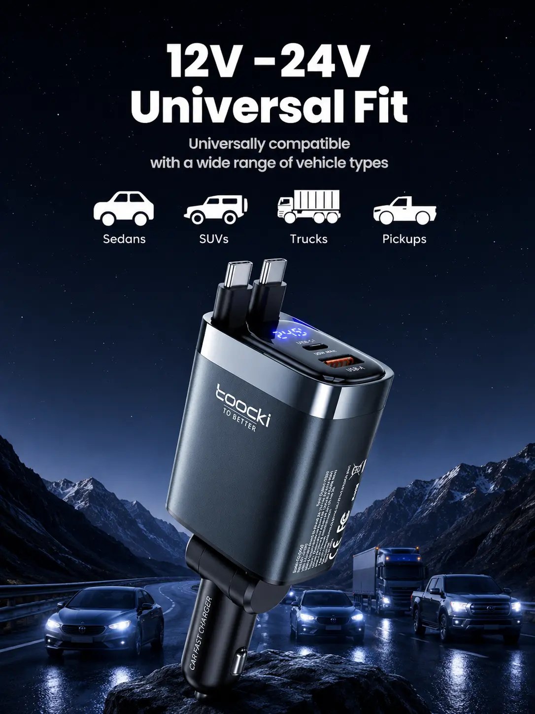 105W Retractable Car Charger with Built-in Cable (Dual USB-C / USB-C + Lightning)