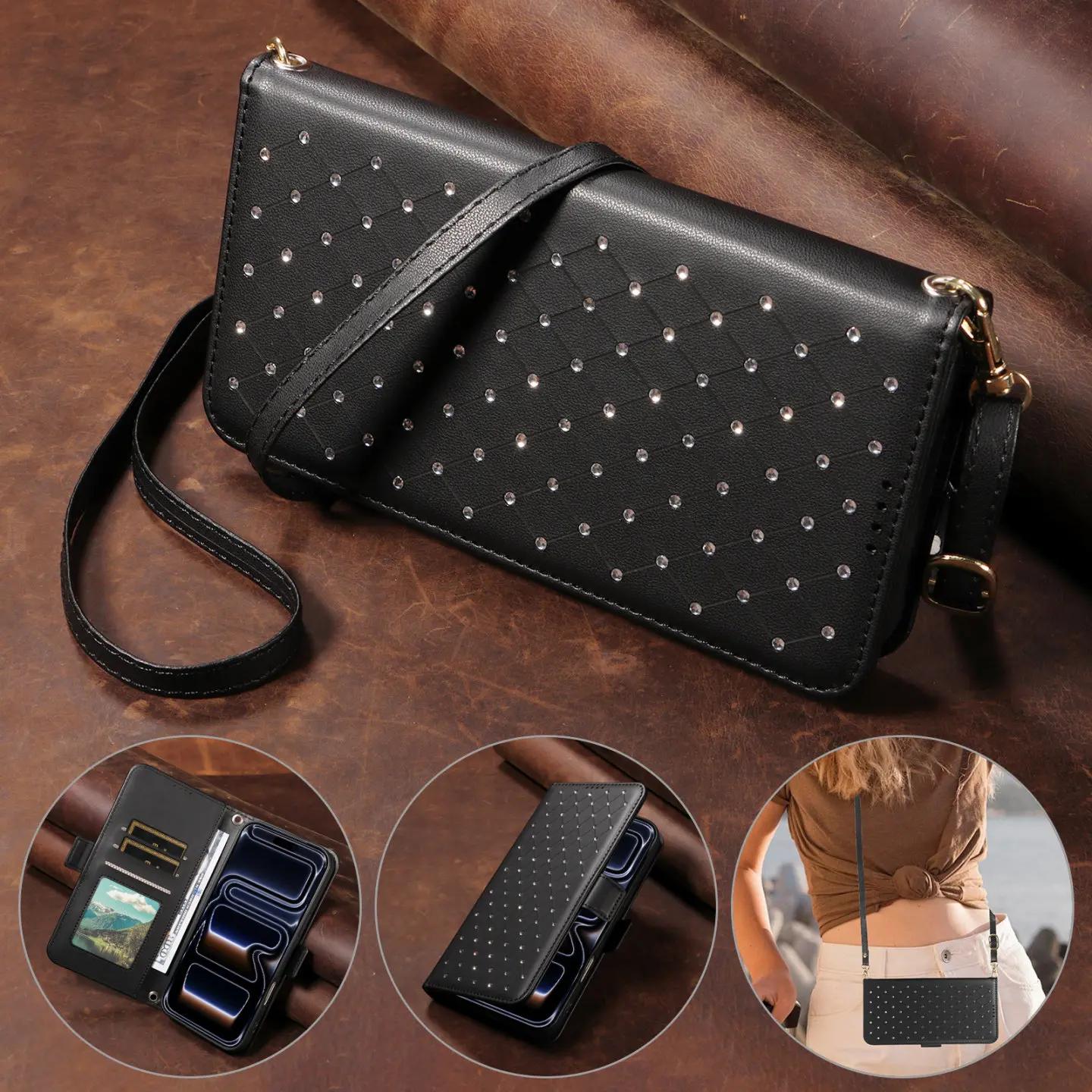 Rhinestones Crossbody Wallet Phone Case for Samsung Galaxy S26 Ultra,S25 Edge,S24 Plus,S23 FE,S21 - Stylish Shockproof Casing Bling Leather Flip Cover with Card Slots,Strap | Mobile Phone Accessories
