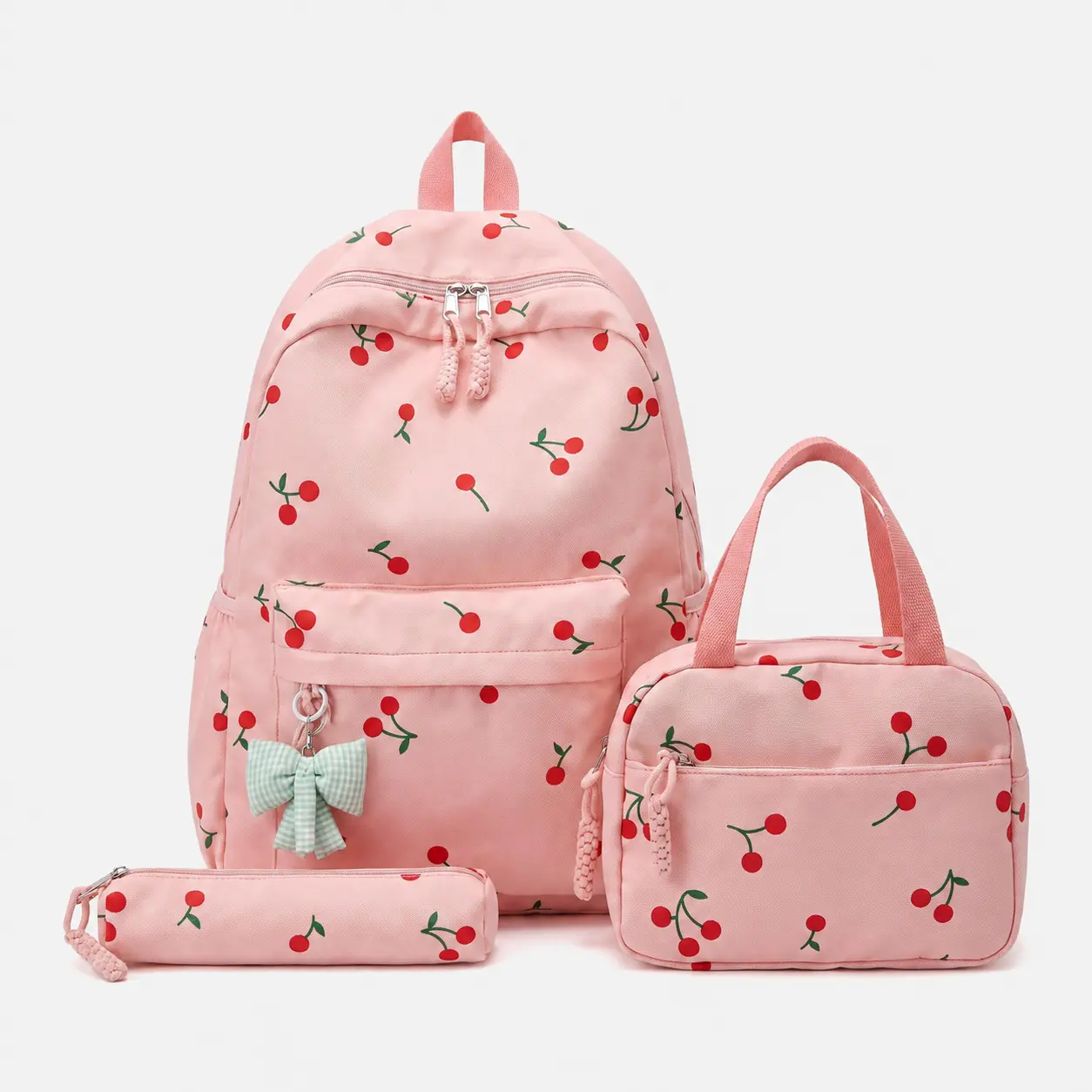 Daily Carry Cherry Print Backpack Breathable Oxford Fabric Cute Student Bag Fresh Sweet Style Zipper Closure Laptop Compartment