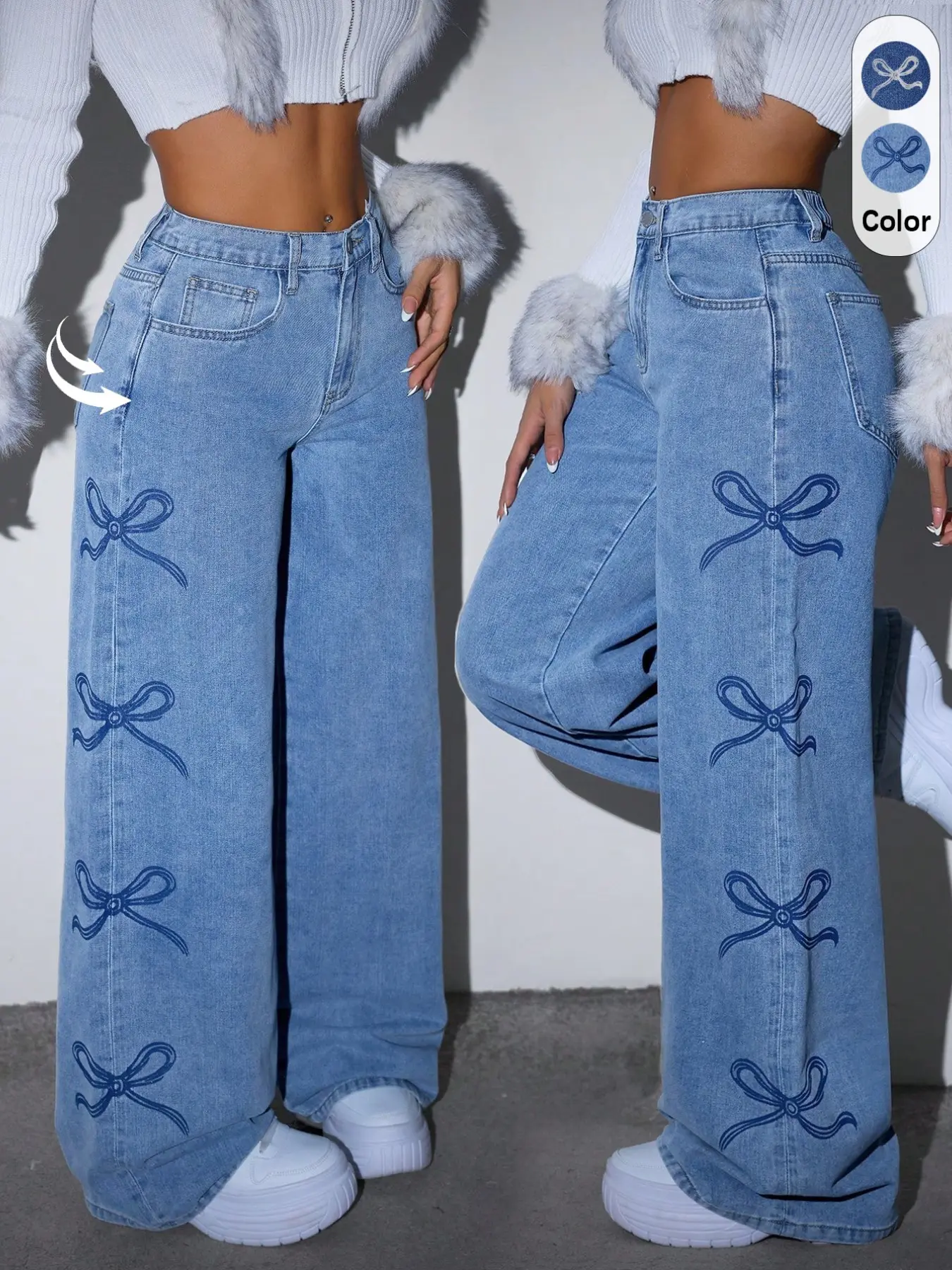 Women's Denim Wide-Leg Pants, High-Waist Loose-Fit, with Bow Detail, Zip Fly Closure, Casual Y2K Style, Floor-Length Jeans