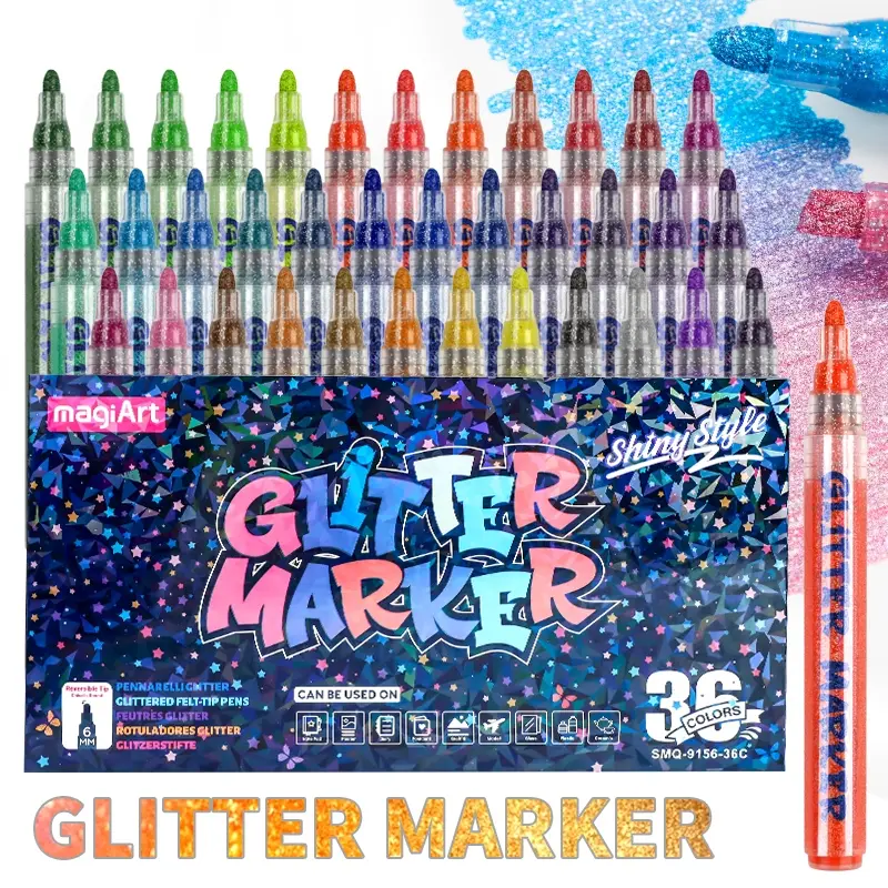 Glitter Markers Pen,12/24/36 Glitter Colors Metallic Shimmer Marker Fine Tip Water-based Ink for Student Adults DIY Crafts Greeting Birthday Cards Making Mugs Wood