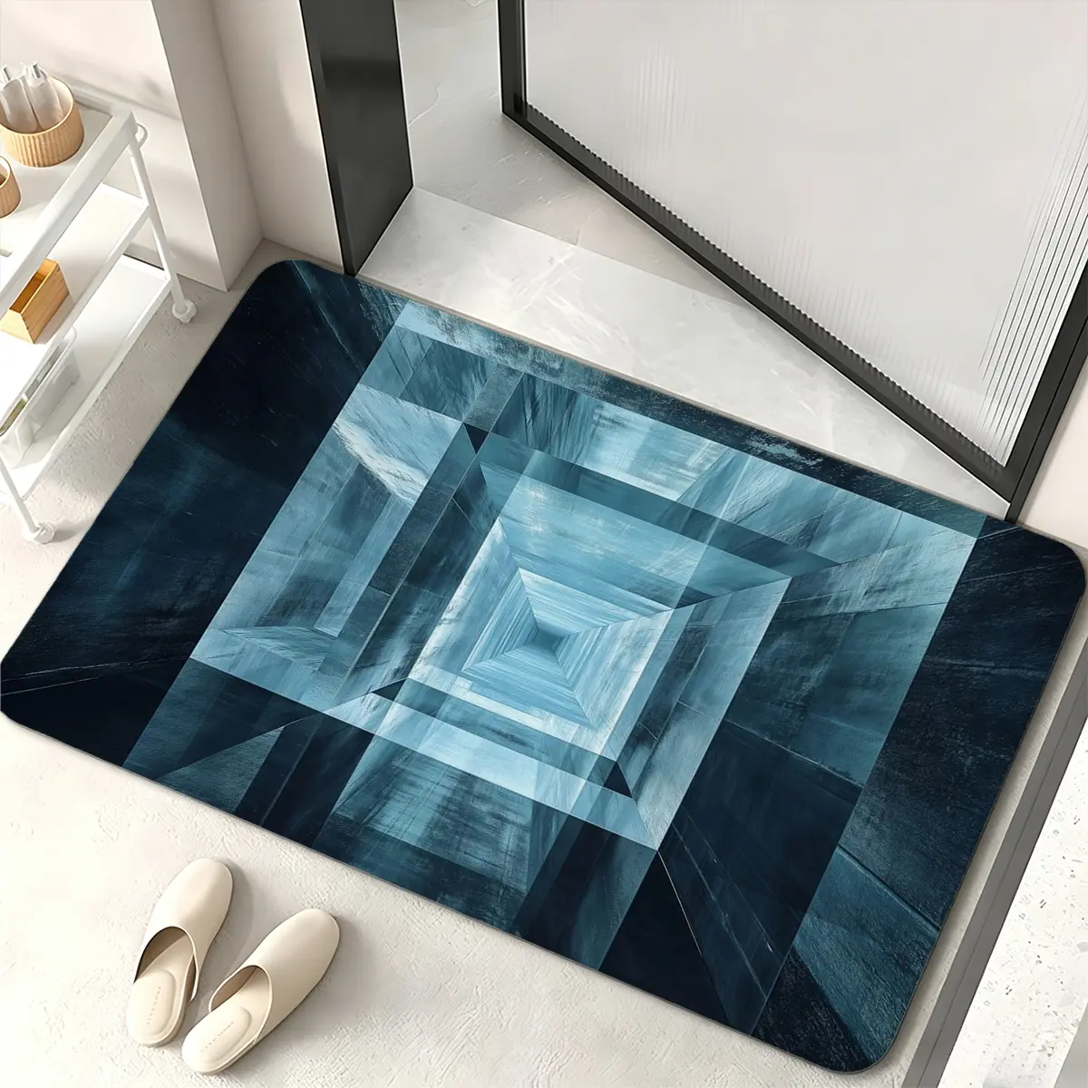 Dark Teal Blue Wood Texture Square Tunnel 3D Optical Illusion Flannel Door Mat, 16×24in Geometric Vortex Visual Pattern Non-Slip Absorbent Floor Rug for Entryway Bathroom Bedroom Kitchen