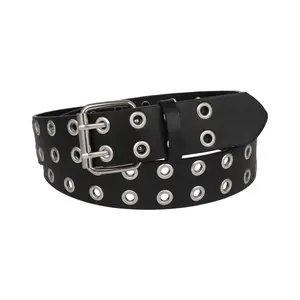 Unisex Punk Grommet Belt, Double Prong Gothic PU Leather Belt with Hole Design for Jeans, Casual Pants and Dresses