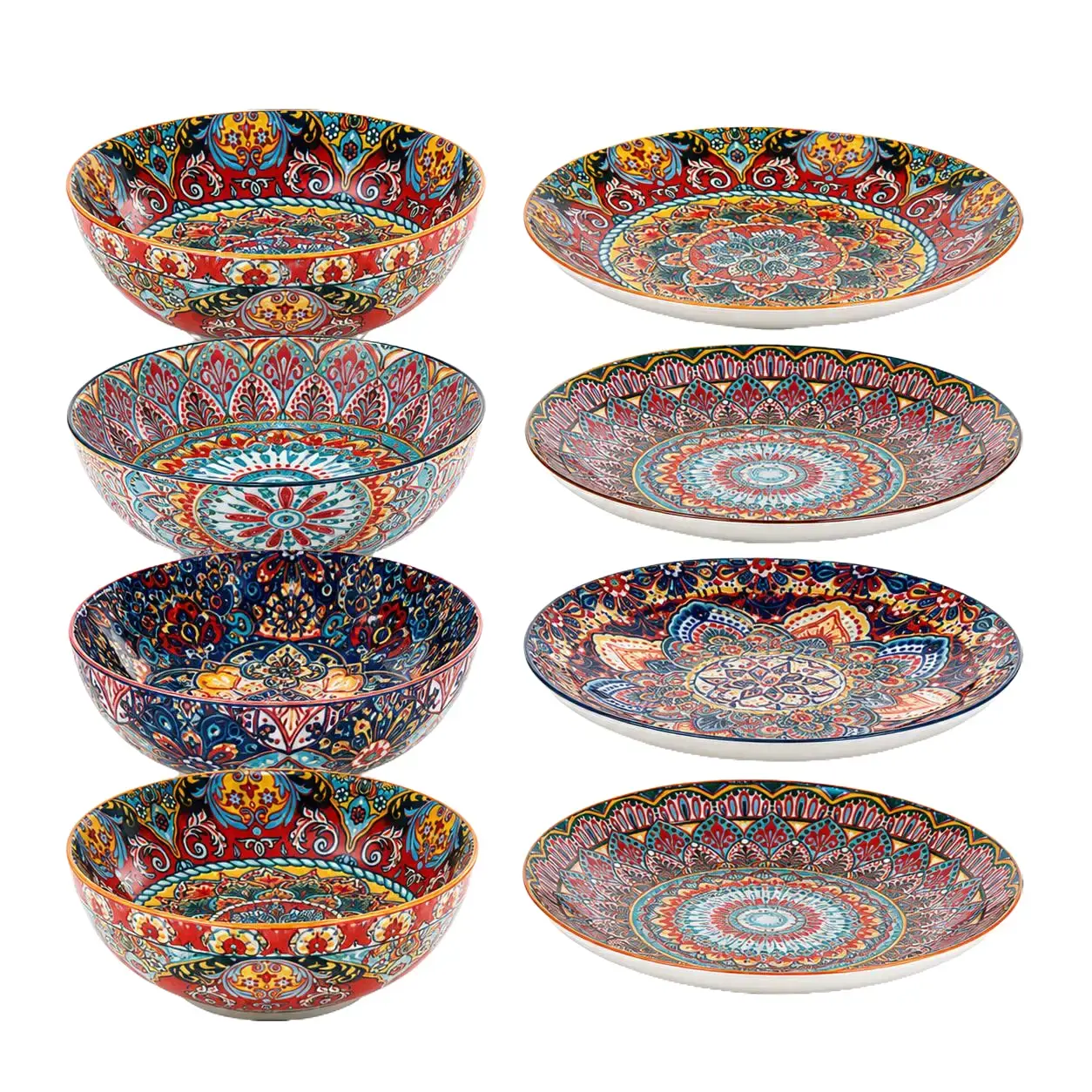 8-Piece Bohemian Ceramic Dinnerware Set, 22 oz Bowls and 8 in Pasta Plates, Colorful Tableware Set for Soup, Salad, Pasta