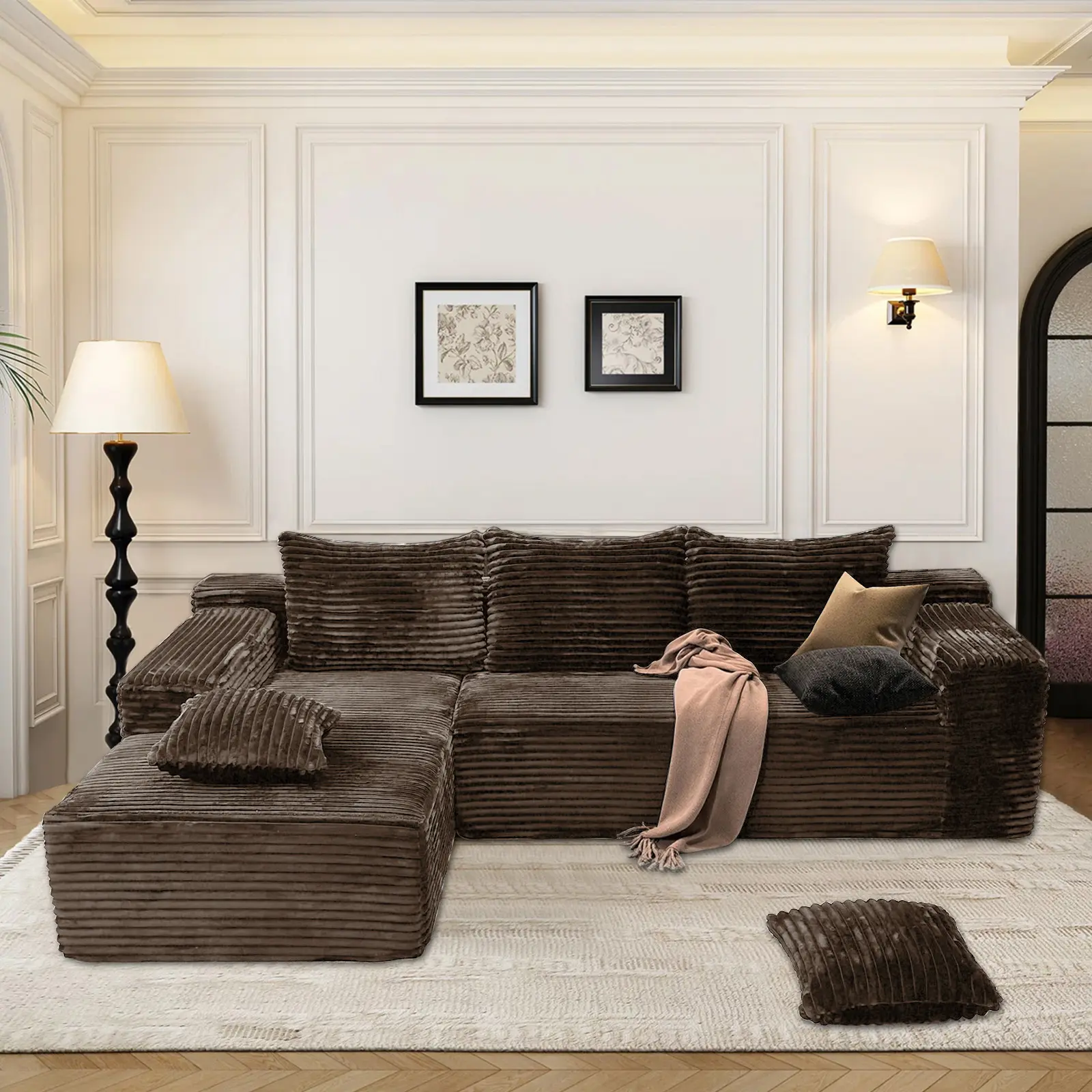 104" Modern Modular L-Shaped Boneless Sectional Couch with Chaise, Deep-Seat Plush Corduroy Sofa for Children, Living Spaces, Bedroom, Pre-Assembled Upholstered Indoor Furniture