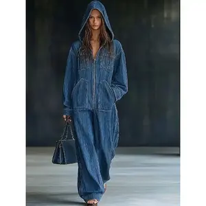 AutumnandWinterNewEuropeanandAmericanHoodedJumpsuitDenimWomen'sClothing,SpringNewAmericanHighStreetPants,LazyCasualStyle