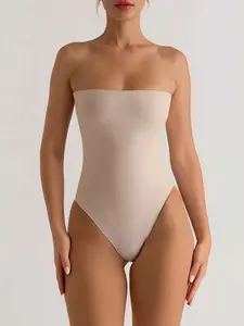 AESS Summer White High Elasticity Double-Layer Fabric Bandeau Bodysuit – Casual Daily Minimalist Resort Style For Women | Flattering Strapless Sleeveless Shaping Bodysuit & Breathable Stretchy Slim-Fit Leotard | Trendy Plain Solid Color Seamless Streetwea