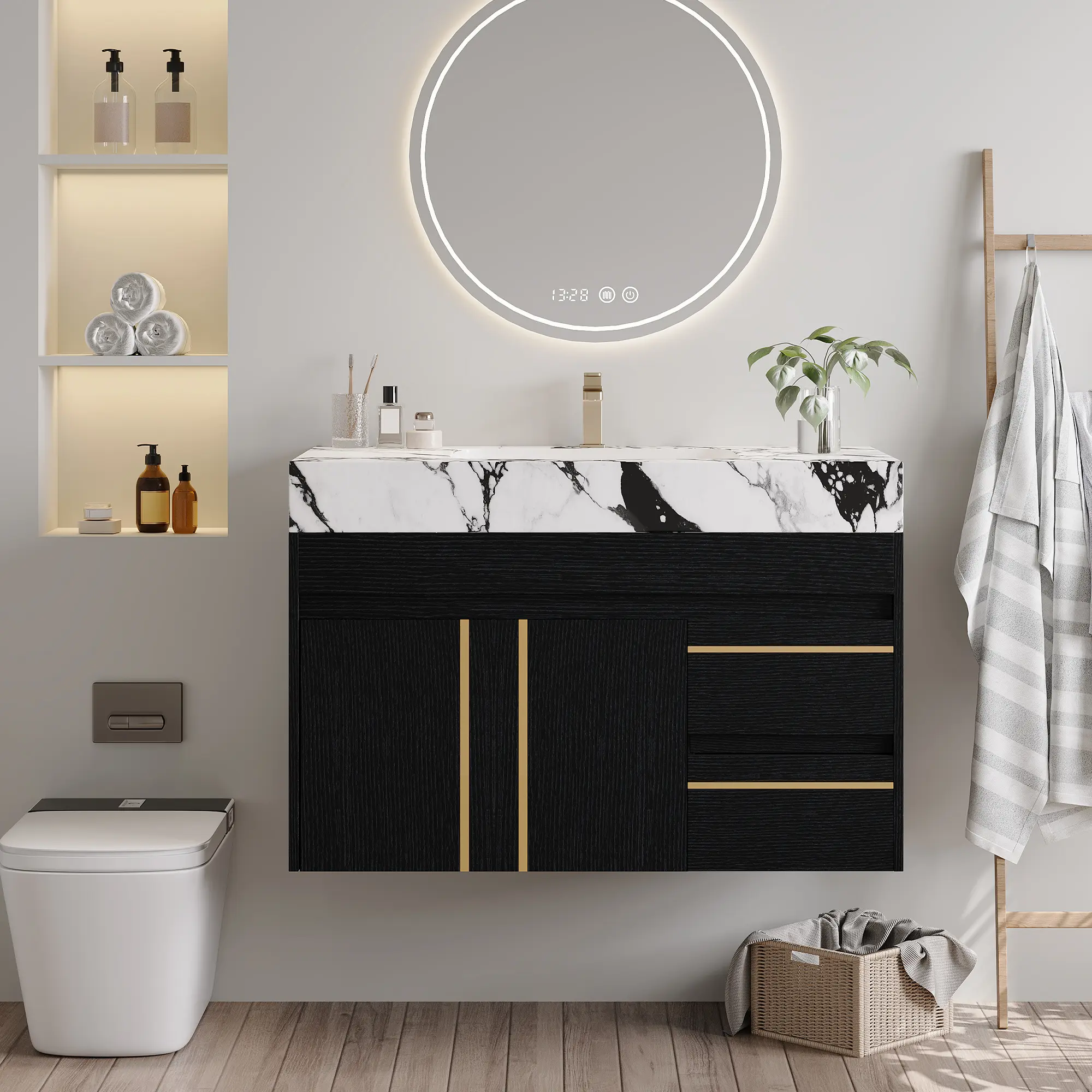 Wall-Mounted 36-Inch Bathroom Vanity with Soft-Close Door, Ceramic Sink, and Faux Marble Top in White Finish