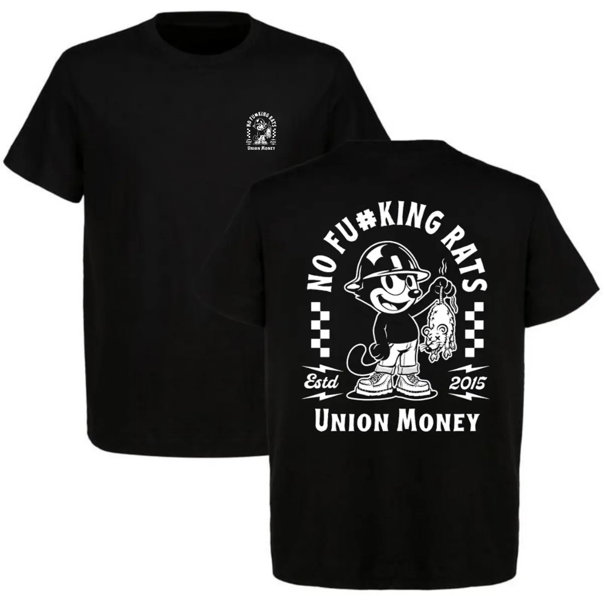 Union Money No F4cking Rats Graphic T-Shirt |   Retro Cartoon Hardhat Worker Mouse Print Top |   Vintage Labor Brotherhood Workwear Strike Pride Mens Casual Clothing Outfit