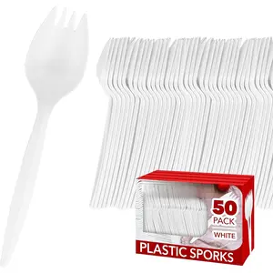 Disposable Sporks (50 Pack) White Plastic Sporks - BPA Free Kid Safe 2 in 1 Utensils - Heavy Weight Fork Spoon for School Lunch, Picnics, Catering, Restaurants, Kids Birthday Parties - Stock Your Home Thick