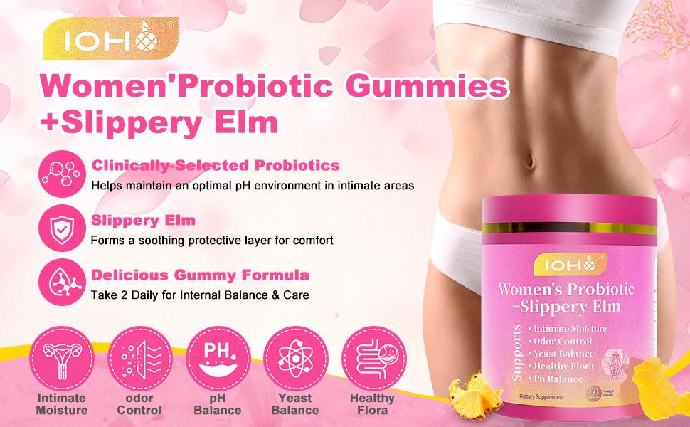 【Gold Plus】IOHO Her Juicy Feminine Probiotics Gummies-All in One Solution with Slippery Elm and Prebiotics&Lactobacillus Probiotic Blend for Women's pH Balance and Dryness-Hawaiian Pineapple Gummies 60 Count women’s probiotics - Supplement Healthcare