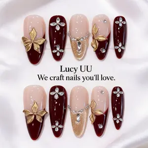 【Lucy UU】3 Styles Luxury Rhinestone Press On Nails Wine Red Gold Butterfly Champagne Snowflake Pink Leopard Print Long Stiletto Shape Handmade Reusable Fake Nail For Women