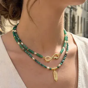 Genuine Freshwater Pearl & Semi-Precious Stone Necklace for Women, 18K Gold Plated with Zircon Charm, Artisan Beaded Jewelry, Elegant Layering Necklace