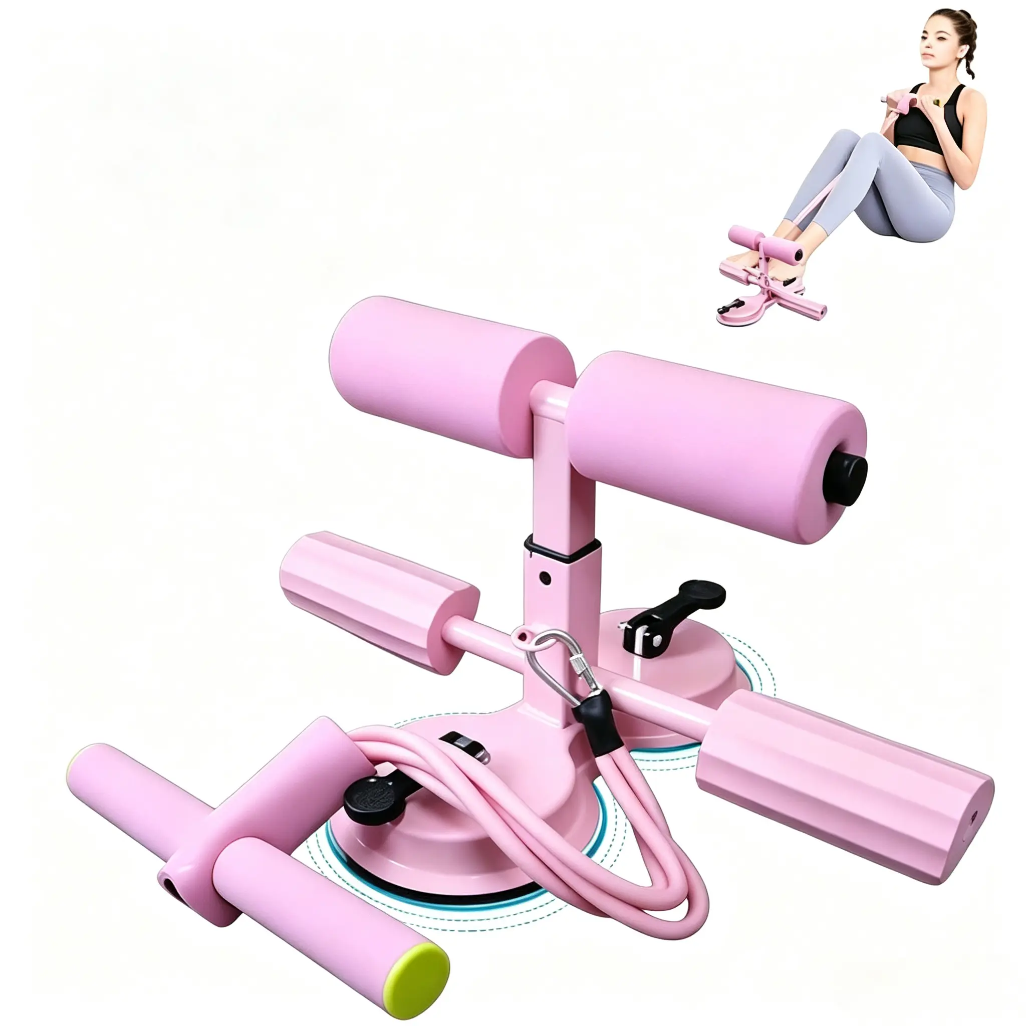 Abs Exercise Equipment with Resistance Bands, Pink Adjustable Sit-Up Bar with Triple Rubber Suction & Foam Padding for Core Training, Portable, Lightweight, Compact, Sit-Ups, 2-In-1 Design