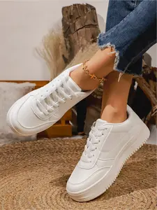 Four season white thick soled casual board shoes for women, soft soled soft top lace up white shoes, comfortable and breathable commuting sports shoes