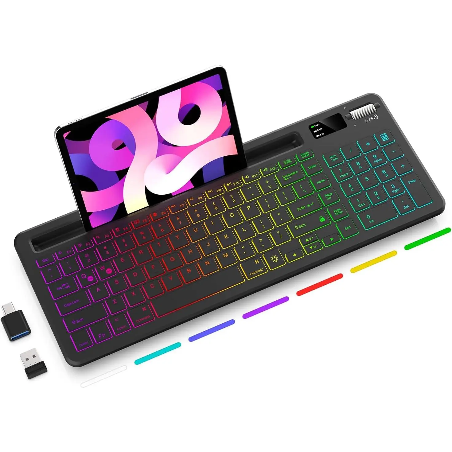 RGB Wireless Keyboard with 7-Color Backlit, Computer Keyboard with Silent Scissor Switch Keys, Rechargeable Light Up Keyboard with Phone Tablet Holder, Idea for Office, School, Work