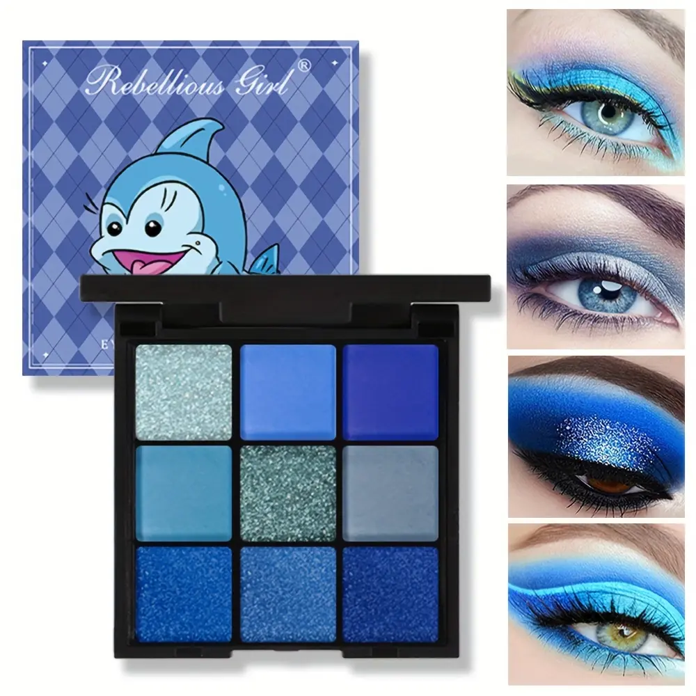 VERONNI Blue Enchantress 9-Color Eyeshadow Palette - Waterproof, Sweatproof Cosmetic with Klein Blue, Pearly, Matte Finishes Stage, Cosplay Makeup