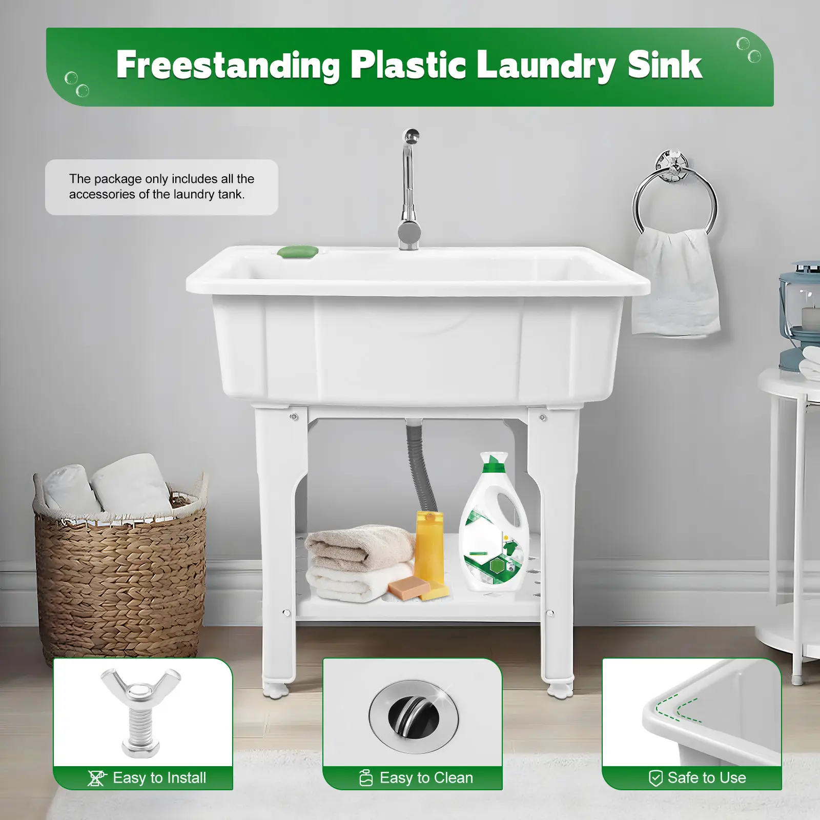 CNCEST Freestanding Plastic Laundry Sink with Faucet, Shelf, Washboard, Drain Pipe, Valves & Water Pipes – Modern Design, 360° Rotatable Faucet, 154lbs Load Capacity, Easy Install, Clean & Safe Use for Laundry Room, Garage, Shop, Rectangle