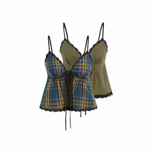 Cider Reversible 100% Cotton Plaid V-neck Contrasting Lace Knotted Cami Top