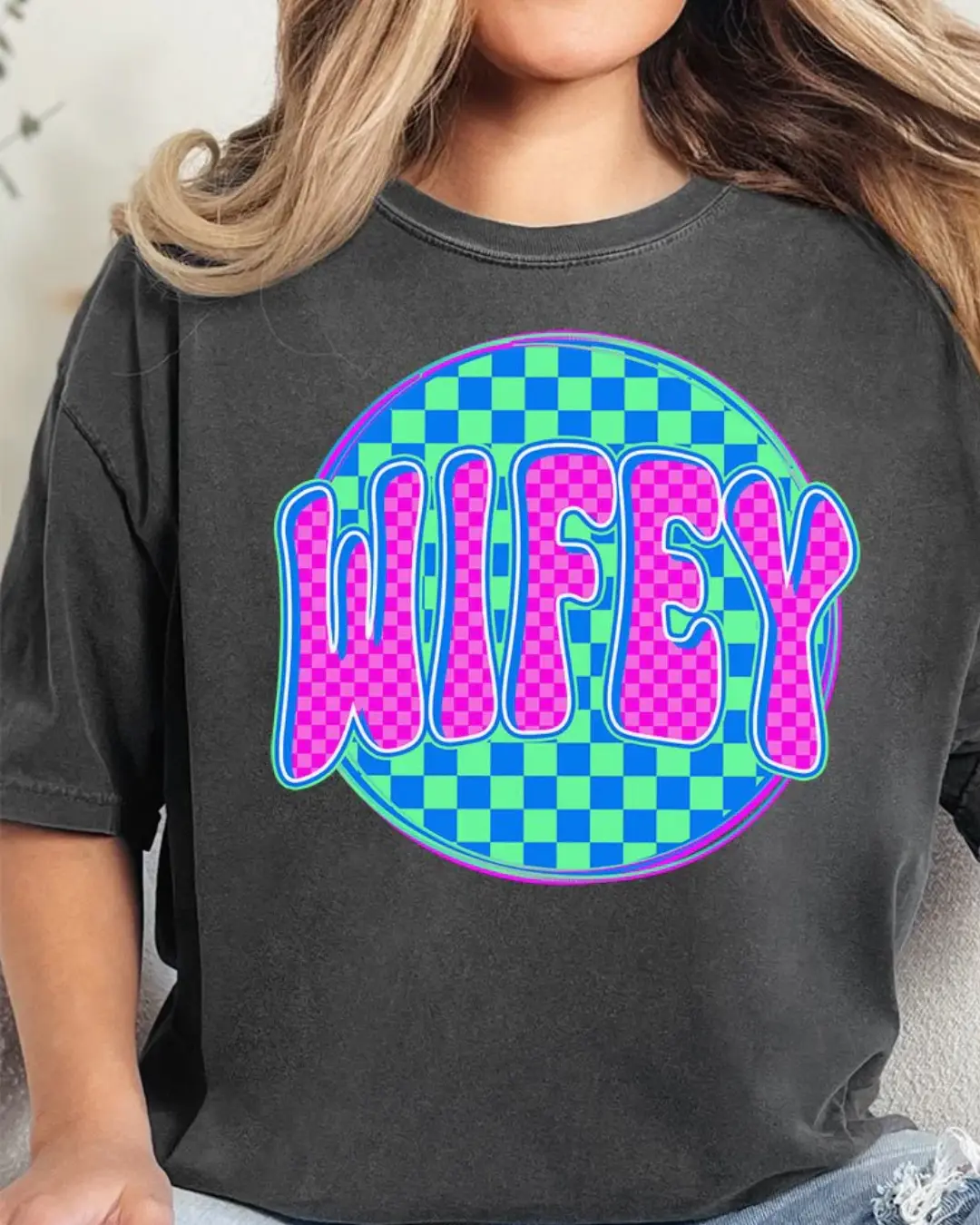 Neon Checkered Wifey Comfort Colors Adult Ring-Spun Cotton Tee -All Seasons Wear, Premium Fabric & Care, Durable Construction
